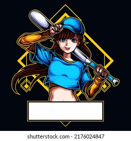 logo esport character smile expression with cap and stick baseball. logo vector character girl for gaming. theme blue yellow costume character. Logo gaming for team squad.