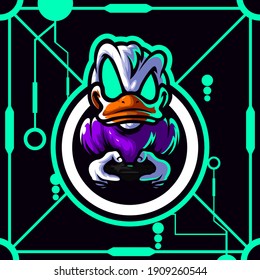 logo esport duck angry expression holding joystick. logo vector character duck for gaming. theme purple color costume character.