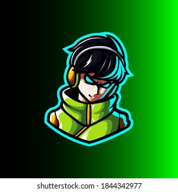 logo esport fighter angry expression with headphone. logo vector caharacter fighter for gaming. theme green yellow color costume character.