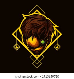 logo esport head men gold mask brown hair with yellow ornament. logo vector head men gold mask brown hair for gaming. theme yellow color costume character. illustration for clothes, t-shirt, logo.