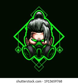 logo esport head men silver mask white hair with green ornament. logo vector silver mask white hair for gaming. theme green color costume character. illustration for clothes, t-shirt, logo esport.