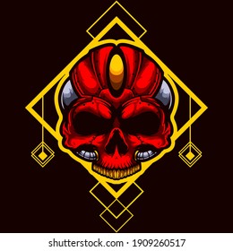 logo esport head red skull monster angry expression with yellow ornament. logo vector character head red skull monster for gaming. theme red color costume character.