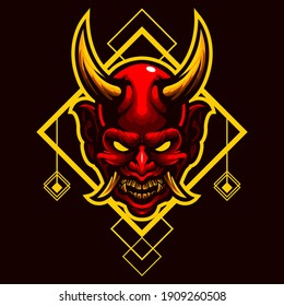 logo esport head samurai monster angry expression with yellow ornament. logo vector character samurai monster for gaming. theme red color costume character.