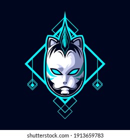 logo esport head white ninja mask with blue light ornament. logo vector head white ninja mask for gaming. theme white color costume character. illustration for clothes, t-shirt, logo esport.