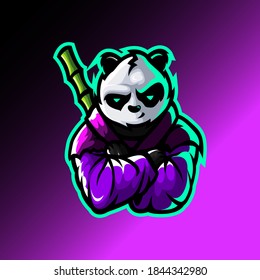 logo esport panda furiosa expresión con bambú. logotipo vectorial caracter panda para juegos. personaje del disfraz de color de la manzana temática.