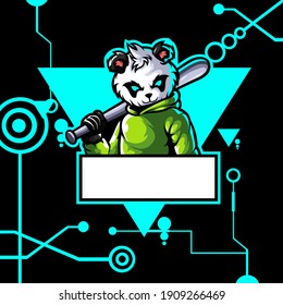 Logo Esport Panda Angry Expression With Blue Ornament. Logo Vector Character Panda For Gaming. Theme Green Color Costume Character.