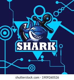 logo esport shark angry expression with blue ornament. logo vector character shark for gaming. theme blue color costume character.