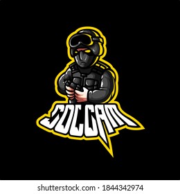 logo esport soldier angry expression holding joystick. logo vector caharacter soldier for gaming. theme Black color costume character.