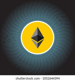 Logo of Ethereum, round printed circuit board around sign, Vector Emblem on dark blue green background.
