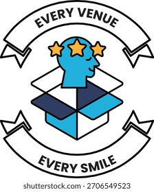 Ein Logo für Every Venue Every Smile. Das Logo besteht aus einer Schachtel mit dem Kopf eines Mannes und Sternen, die sie umgeben. Das Logo ist schwarz-weiß und hat ein einfaches, sauberes Design