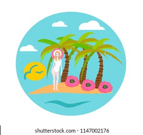 Logo with exotic travel island in the ocean with palms, hand deawn digital illustration in circle, vector