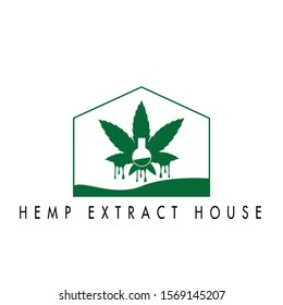 logo of extract  house with hemp leaves and laboratory glass design