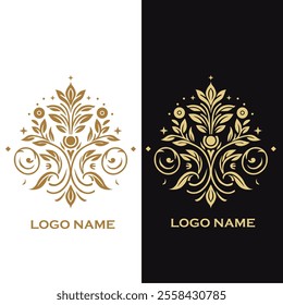 The logo exudes a regal and luxurious vibe, rendered in a golden hue against two contrasting backgrounds: white and deep green.