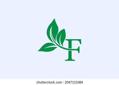 Logo F And Leaves With Dark Green Color. Vector Illustration Of A Line Lettering Symbol