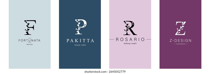 Logo F, P, capital letter R, Z. Monogram of Botanical Minimalistic, Initial. with Organic Plant Elements. Vector design. 