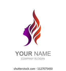 The logo of the face of a beautiful woman with her hair loose like a burning fire, the logo is ready to use