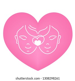 Logo of faces of two Lesbian, Gay, Bisexual together, in the shape of a heart. Postcard, banner, for print, love and peace illustration.