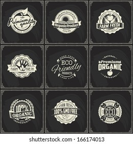 logo farm organic vintage fresh food fruit nature brand seal set of vintage eco green chalk lettering sticker labels of healthy organic natural farm fresh food on blackboard logo farm organic vintage