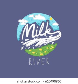 Logo for a farm with a picture of a river of milk, a green meadow and a blue sky.