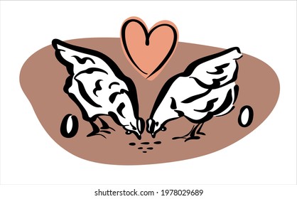 Logo for farmers. Two young hens peck at the grain and lovingly give away the eggs. Color logo, vector.