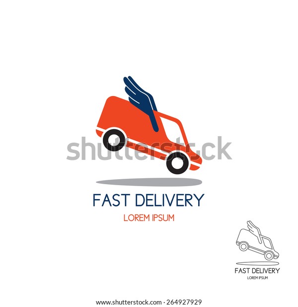Logo of fast delivery. Concept of logo transport\
company in the form of the minibus with wings in flight. Color and\
black-and-white options.