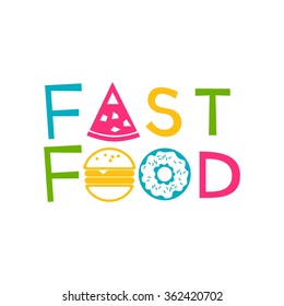 logo fast food with donut, hamburger and pizza. Vector design logo. Vector illustration