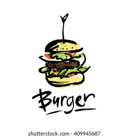 Logo for fast food. Image burger and a handwritten inscription.