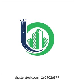 El logotipo presenta una letra B azul con una forma pintada, con una forma de círculo verde que forma la ciudad.