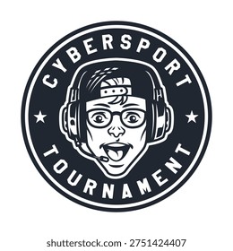 A logo features a cartoon character with glasses and a headset smiling and showing excitement. The logo promotes a cybersport tournament emphasizing competitive gaming.