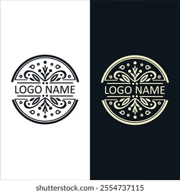 The logo features a circular emblem divided into two distinct halves. Both sides are adorned with botanical patterns, including leaves, dots, and flourishes.