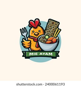 The logo features a colorful and playful design with a cartoon chicken character holding a fork and smiling. Beside the chicken is a bowl filled with noodles.