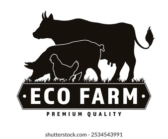 The logo features a cow, pig, and chicken in silhouette against a grassy background, symbolizing Eco Farm's commitment to high-quality, sustainable agricultural practices.