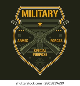 The logo features crossed rifles and a star on a shield. It represents military armed forces for special purpose units. It highlights the year 1991 and signifies strength and unity.