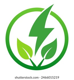 The logo features a green lightning bolt and two green leaves inside a circle