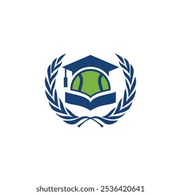 The logo features a green padel ball with a toga, symbolizing education and sports. Below it is an open book and surrounded by a laurel wreath as a symbol of achievement.