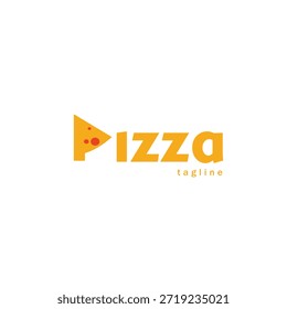 O logotipo "Pizza" apresenta a letra "P" em forma de fatia de pizza. O design é atraente e facilmente reconhecível. 