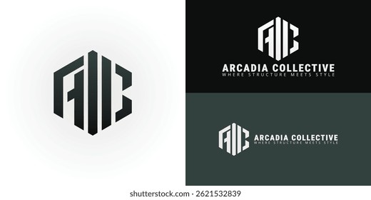 El logotipo presenta las letras AC integradas en un diseño geométrico dentro de un marco hexagonal, que simbolizan la construcción arquitectónica innovadora y aplicada a los negocios en el sector de la construcción