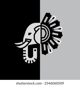 O logotipo apresenta um perfil de elefante minimalista e elegante, combinado com um design de capacete inspirado tribal. A cabeça do elefante é limpa e simples, com linhas claras que destacam o tronco, presas