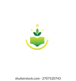 The logo features an open book with a green-yellow gradient, with a yellow semicircular outline below. Above the book are three leaves, with a star at the tip of each leaf, symbolizing growth