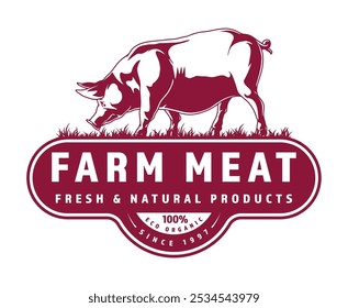 O logotipo apresenta um porco pastando em um campo verde exuberante, promovendo carne de fazenda fresca, natural e originária de 100 agricultura orgânica