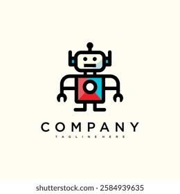 The logo features a robot with a square body and a round head. The robot's body is divided into four triangular sections in alternating red and blue, with a white circle in the center. 