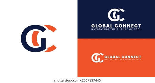 O logotipo apresenta um design elegante e entrelaçado das letras GC em um tipo de letra ousado e moderno. O esquema de cores consiste em azul escuro e laranja, refletindo a identidade de uma empresa de consultoria tecnológica.