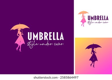 The logo features a stylish woman holding an umbrella, symbolizing elegance and protection. Ideal for a fashion brand or lifestyle company, it conveys sophistication and grace. EPS Layered File