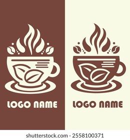 The logo features a stylized cup with steam rising from it, symbolizing a freshly brewed beverage.