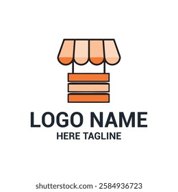 The logo features a stylized illustration of a small storefront with an awning. The awning has five segments, alternating shades of orange and cream. Below the awning, there are three horizontal recta