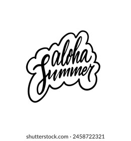 Das Logo zeigt den Text Aloha Summer in einem schwarz-weißen Farbschema, mit einer stilvollen Schriftart. Das Design enthält einen Baum und ein Muster in einer Rechteckform
