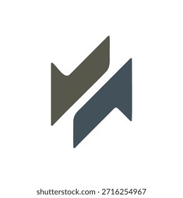 El logotipo presenta dos Formas idénticas, estilizadas de flecha o de burbuja de discurso colocadas en paralelo.