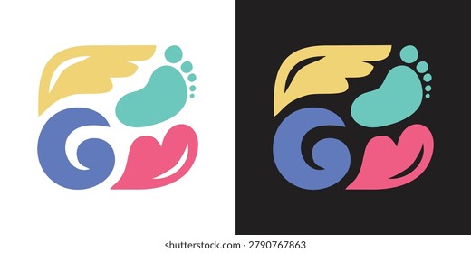 Logo featuring a baby's foot with a wing and heart, perfect for childcare or parenting brand