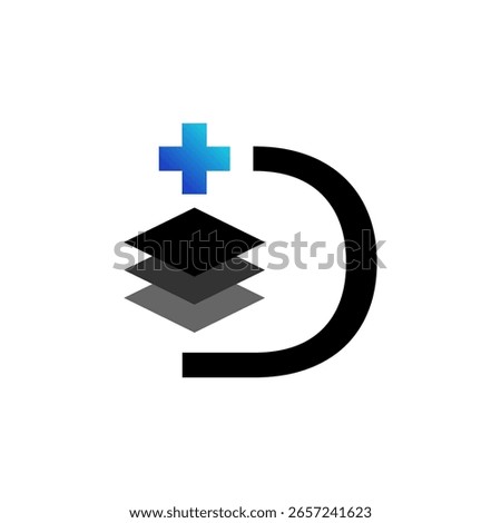 A logo featuring a black letter "D" and a stack of three layered shapes, with a blue and light blue plus sign hovering above