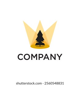 A logo featuring a black tree silhouette inside a yellow crown shape